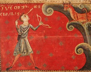 Pilen, der blev skudt for at dræbe en tyr, der var flygtet fra flokken på Mount Gargano, vender tilbage for at slå skytten på ordre fra Saint Michael af Master of Llussà